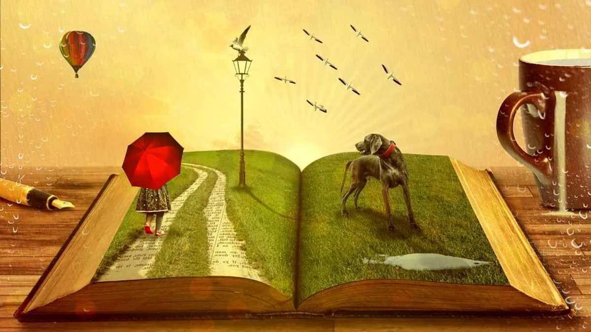 Buch Lesen Traum Hund Kind Schirm Fantasie Tasse Bild Stift · AVENTIN Storys